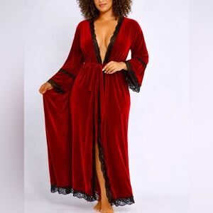 Vintage Red Velvet Boudoir Robe Lace Trim Gothic Romantic Maxi